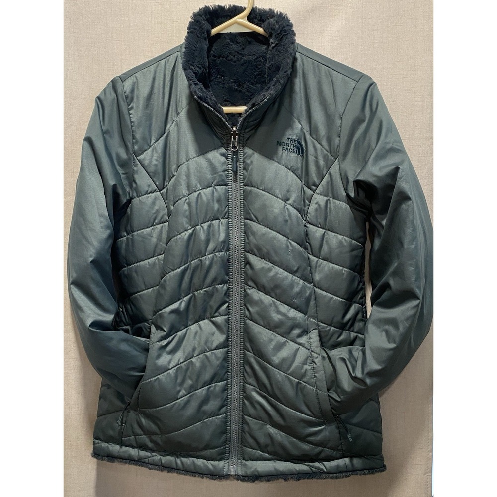 The North Face Womens Mossbud Swirl Reversible Jacket Green Fleece Puffer Small